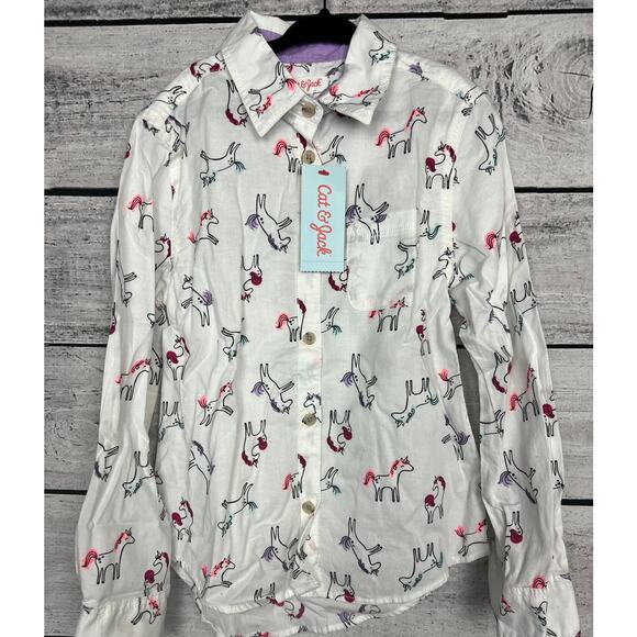 NWT Girls Cat & Jack White Unicorn Button Down Shirt - M (7/8) - Picture 1 of 2